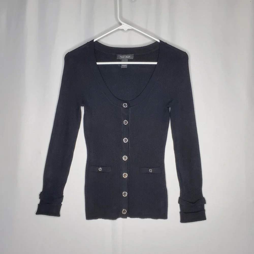 White House Black Market Cardigan Women Small Black‎ Rib Knit Button Y2K Preppy